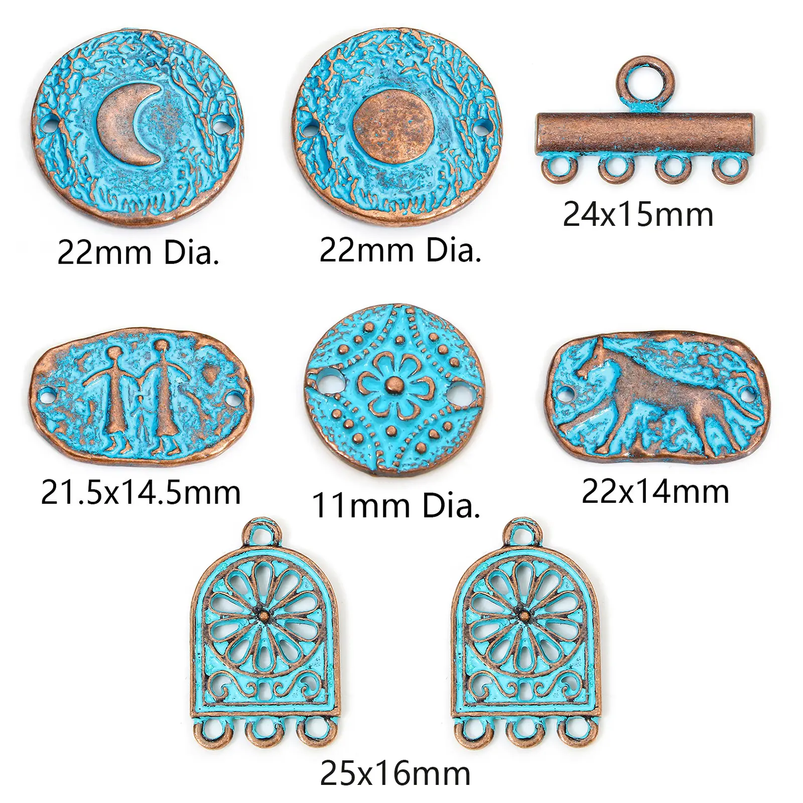 10PCs Bohemian Round Flower Horse Moon Pattern Charms Blue Patina Geometric Connectors Diy Necklace Bracelet Jewelry Pendants