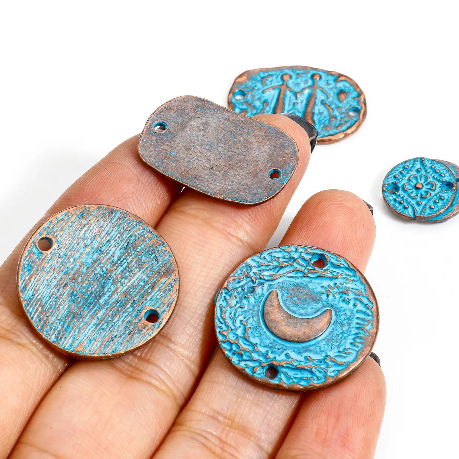 10PCs Bohemian Round Flower Horse Moon Pattern Charms Blue Patina Geometric Connectors Diy Necklace Bracelet Jewelry Pendants