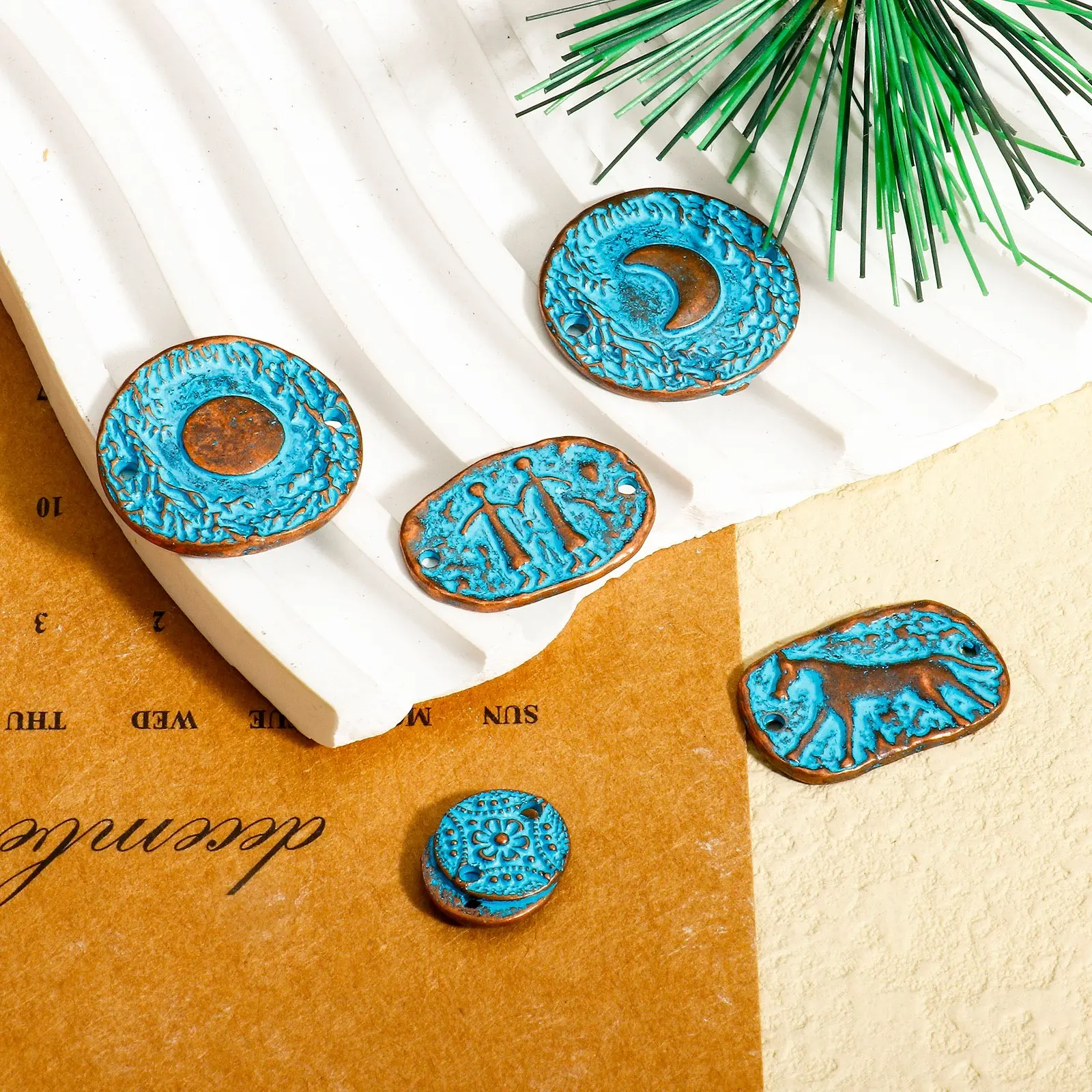 10PCs Bohemian Round Flower Horse Moon Pattern Charms Blue Patina Geometric Connectors Diy Necklace Bracelet Jewelry Pendants