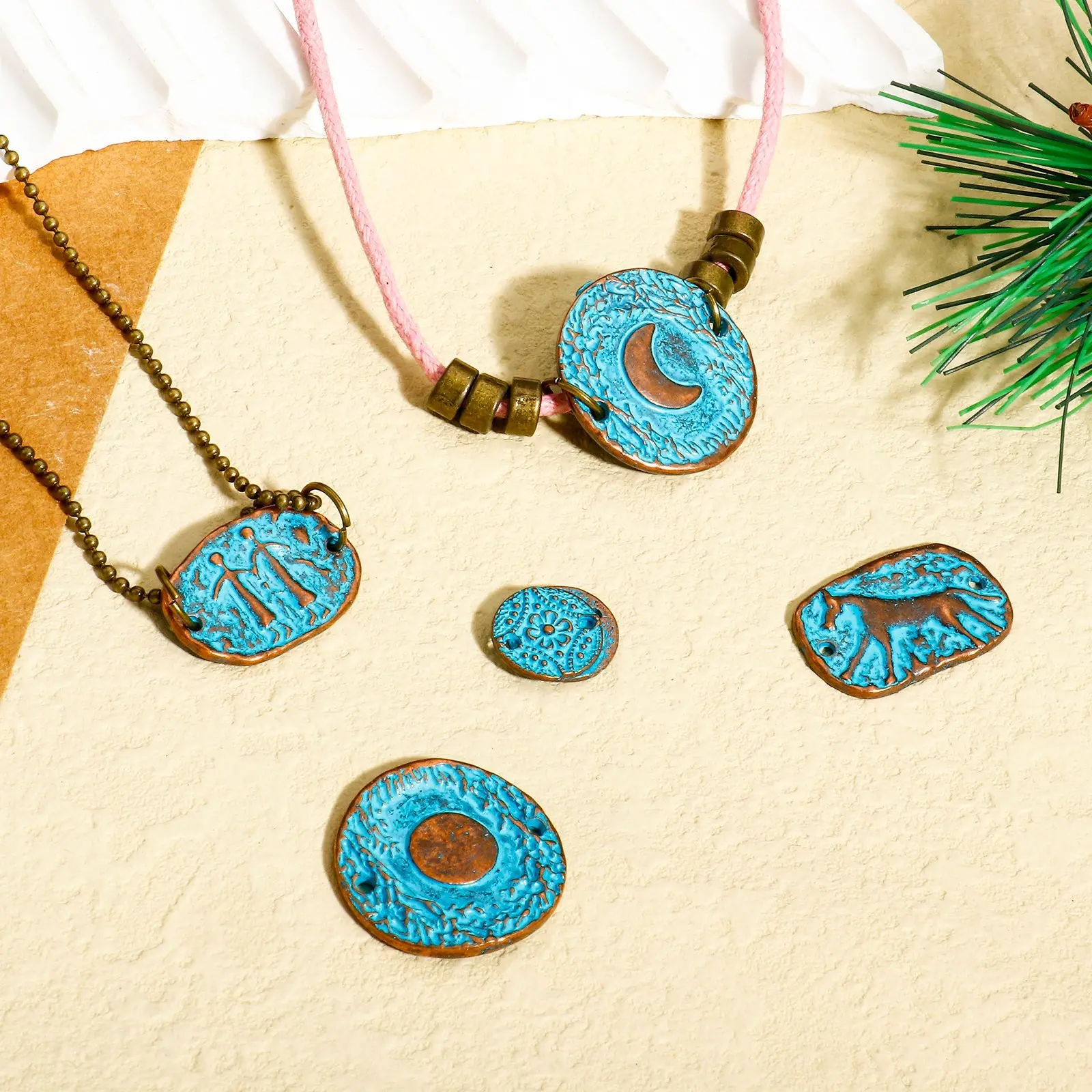 10PCs Bohemian Round Flower Horse Moon Pattern Charms Blue Patina Geometric Connectors Diy Necklace Bracelet Jewelry Pendants