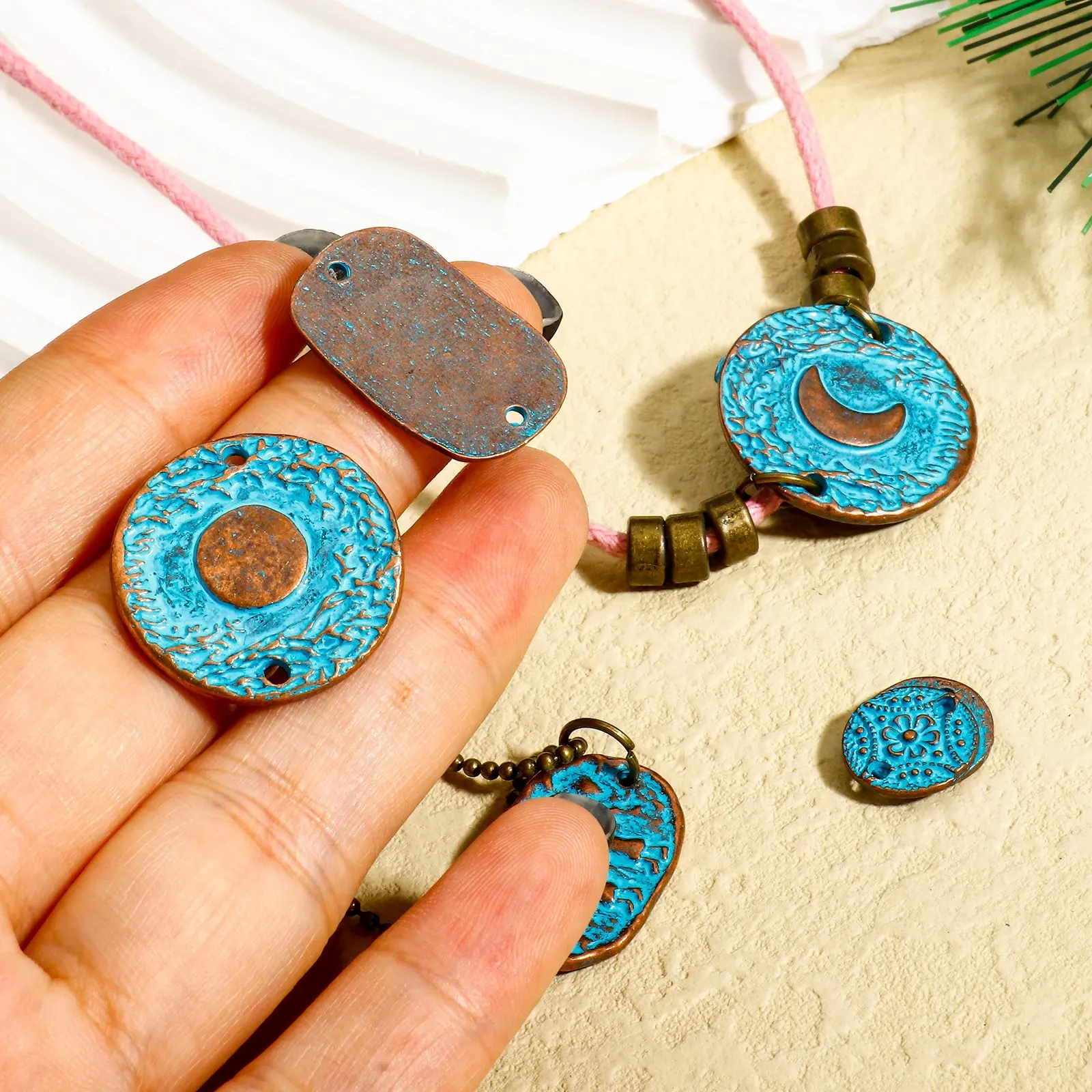 10PCs Bohemian Round Flower Horse Moon Pattern Charms Blue Patina Geometric Connectors Diy Necklace Bracelet Jewelry Pendants