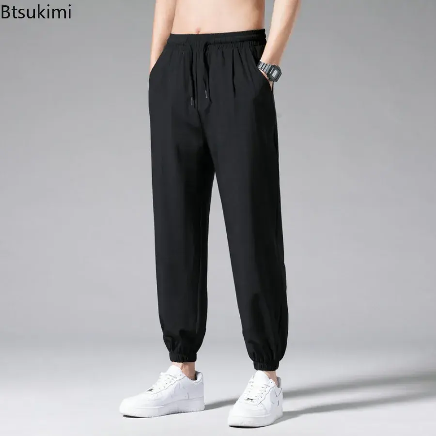 2025 Summer Men's Loose Ice Silk Pants Comfortable Ice-feel Casual Wide Leg Sport Trousers Men Quick Drying Ultrathin Sweatpants