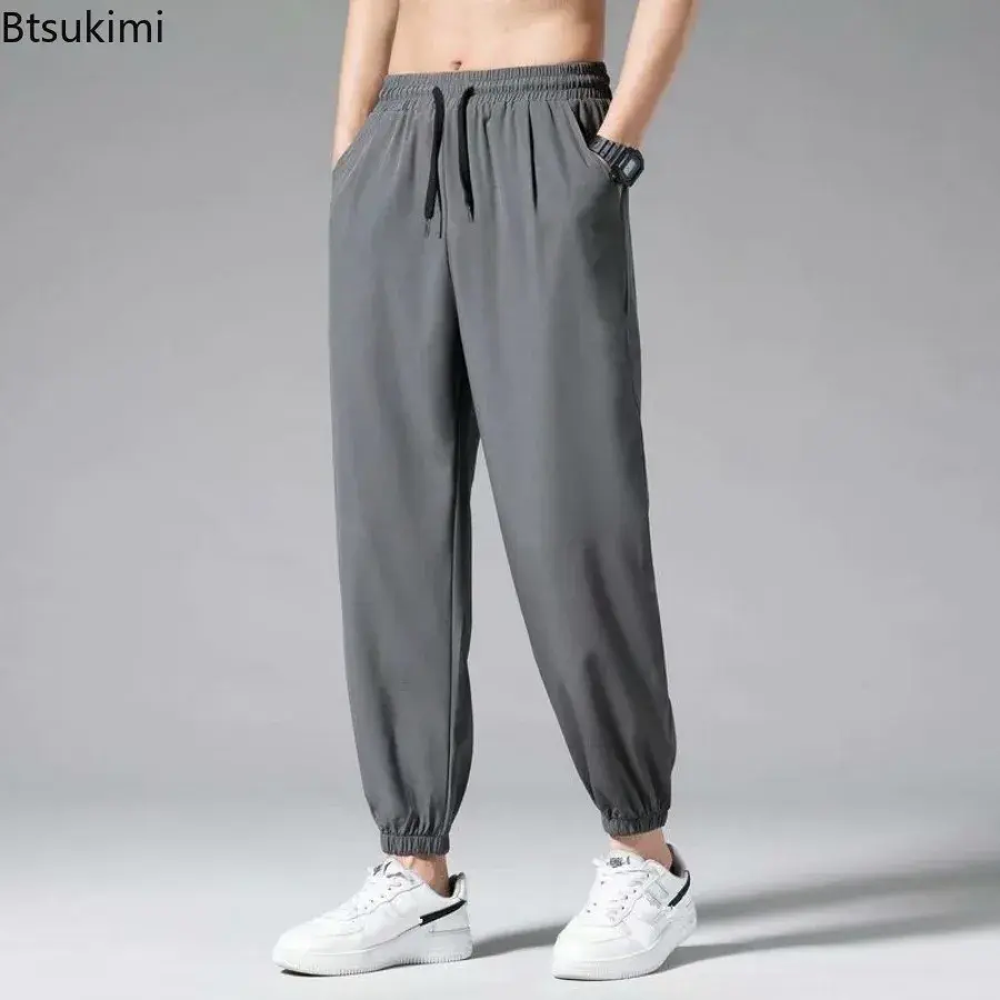 2025 Summer Men's Loose Ice Silk Pants Comfortable Ice-feel Casual Wide Leg Sport Trousers Men Quick Drying Ultrathin Sweatpants