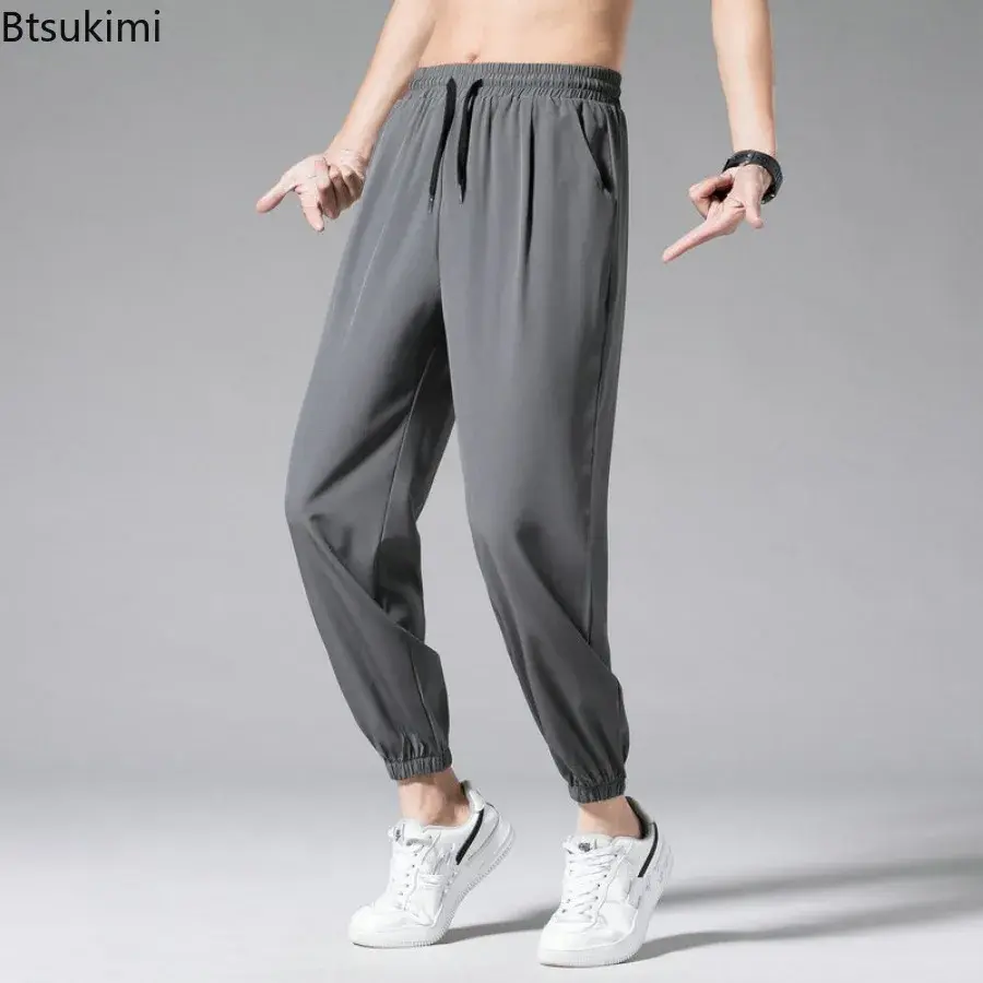 2025 Summer Men's Loose Ice Silk Pants Comfortable Ice-feel Casual Wide Leg Sport Trousers Men Quick Drying Ultrathin Sweatpants