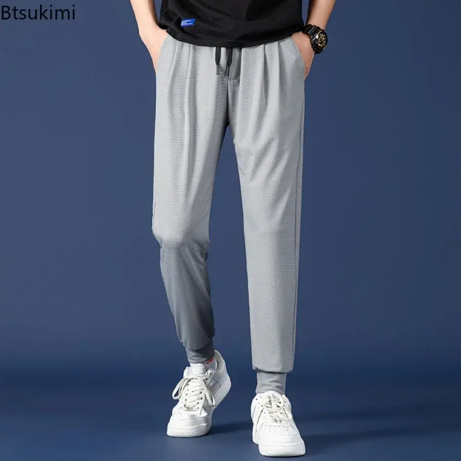 2025 Summer Men's Loose Ice Silk Pants Comfortable Ice-feel Casual Wide Leg Sport Trousers Men Quick Drying Ultrathin Sweatpants