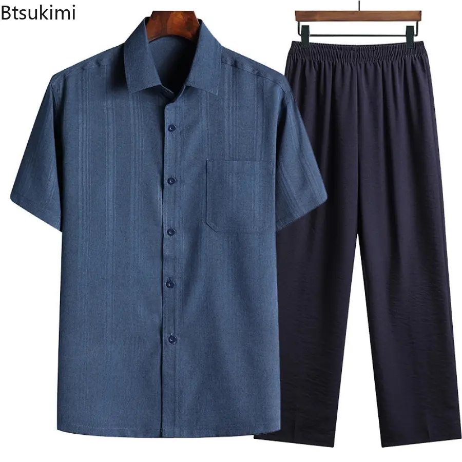 2025 Men's Two Piece Set Fashion Solid Short-sleeved Button Lapel Shirt+Pants Casual Suit Summer Breathable Cotton Linen Outfits