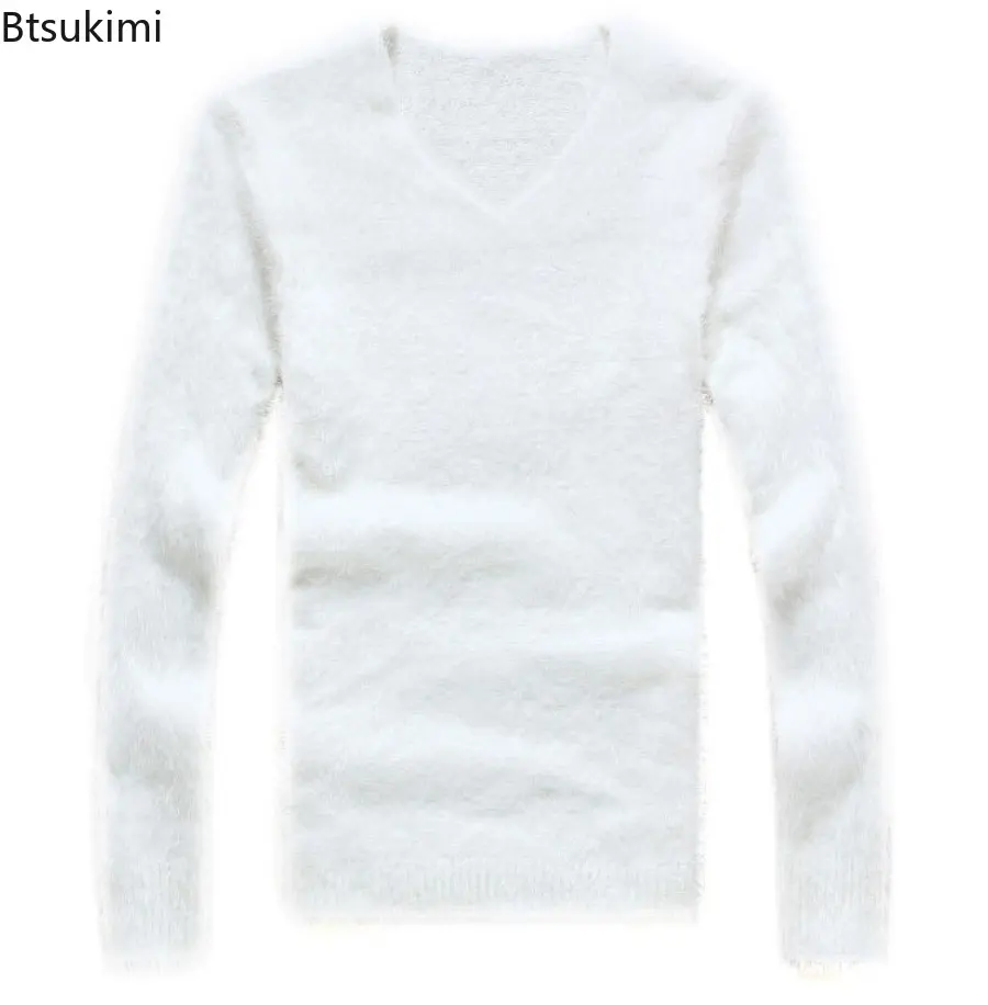 2025 New Men Solid Mohair Sweater Autumn Winter Soft Warm Pullover V-Neck Elastic Knitted Sweaters Furry Top Young Men's Clothes