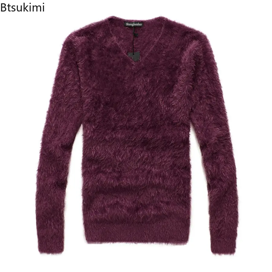 2025 New Men Solid Mohair Sweater Autumn Winter Soft Warm Pullover V-Neck Elastic Knitted Sweaters Furry Top Young Men's Clothes