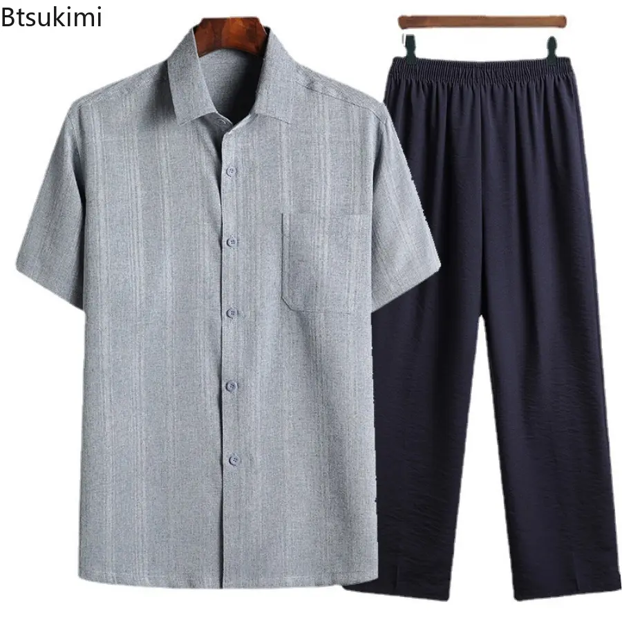 2025 Men's Two Piece Set Fashion Solid Short-sleeved Button Lapel Shirt+Pants Casual Suit Summer Breathable Cotton Linen Outfits