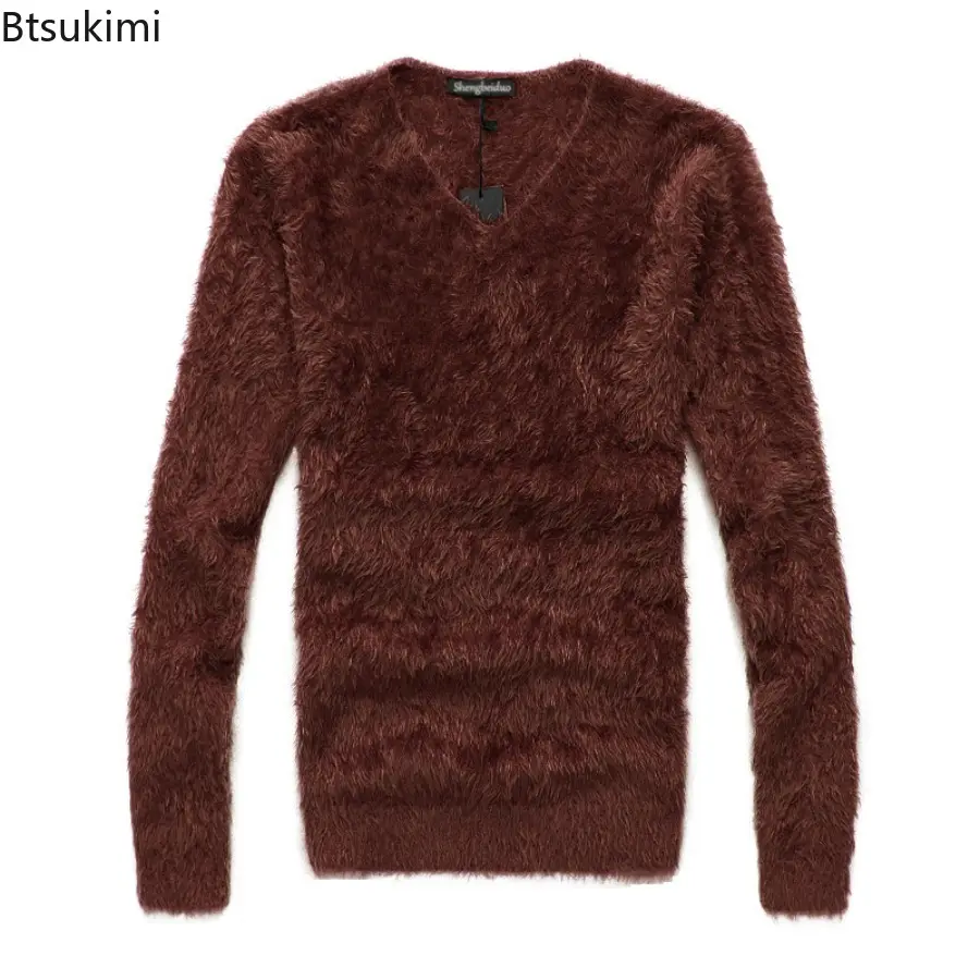2025 New Men Solid Mohair Sweater Autumn Winter Soft Warm Pullover V-Neck Elastic Knitted Sweaters Furry Top Young Men's Clothes