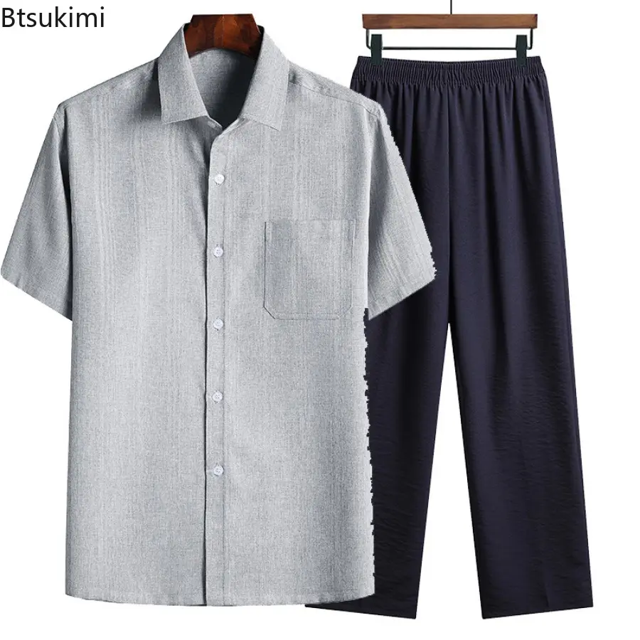 2025 Men's Two Piece Set Fashion Solid Short-sleeved Button Lapel Shirt+Pants Casual Suit Summer Breathable Cotton Linen Outfits