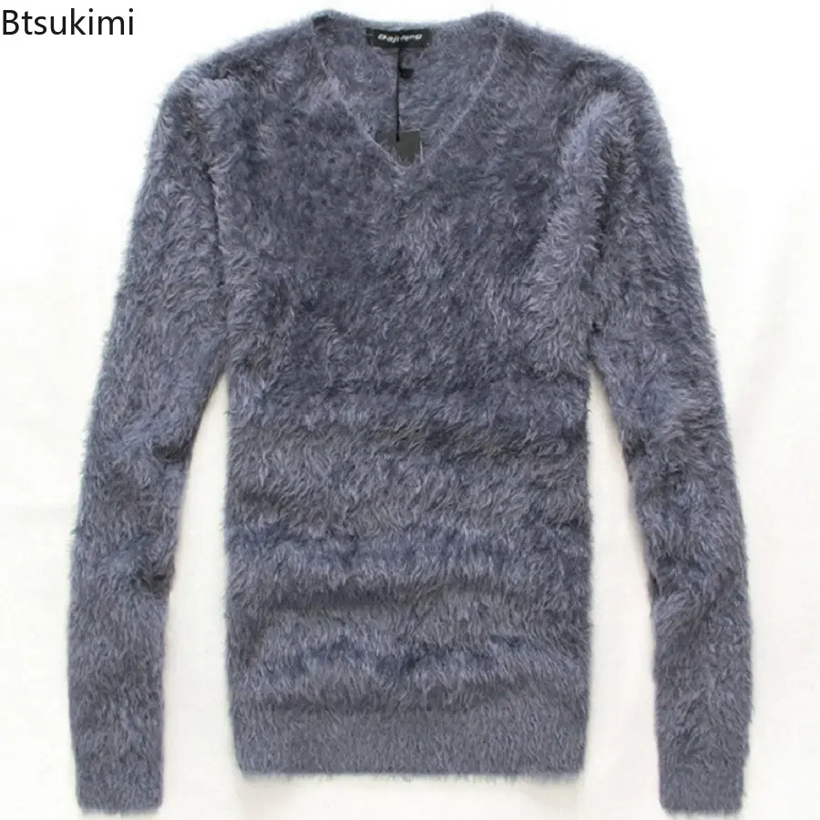 2025 New Men Solid Mohair Sweater Autumn Winter Soft Warm Pullover V-Neck Elastic Knitted Sweaters Furry Top Young Men's Clothes