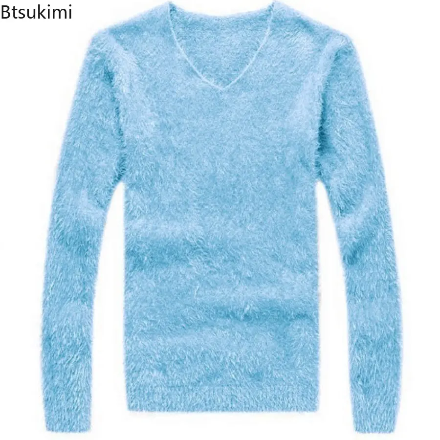 2025 New Men Solid Mohair Sweater Autumn Winter Soft Warm Pullover V-Neck Elastic Knitted Sweaters Furry Top Young Men's Clothes