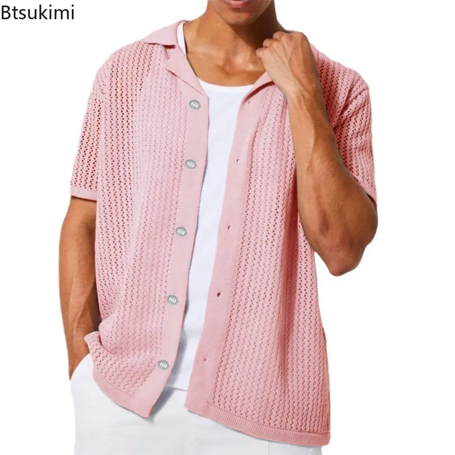 Summer Trend Streetwear Men's Casual Knitted Shirt Fashion Lapel Solid Vintage Cardigan New Men Hollow Out Loose Breathable Tops