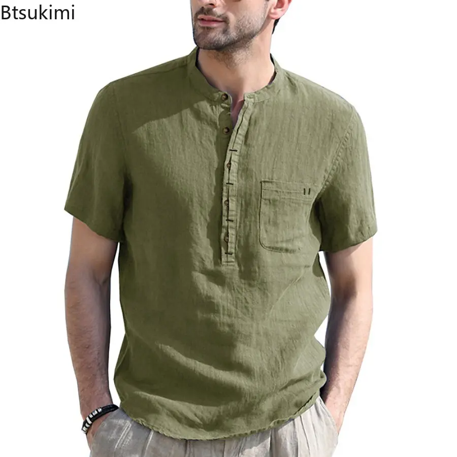 Summer Cotton Linen Casual Shirts for Men Fashion Solid Loose Stand Collar Short-sleeved Vintage Beach Blouse Henry Shirts Male