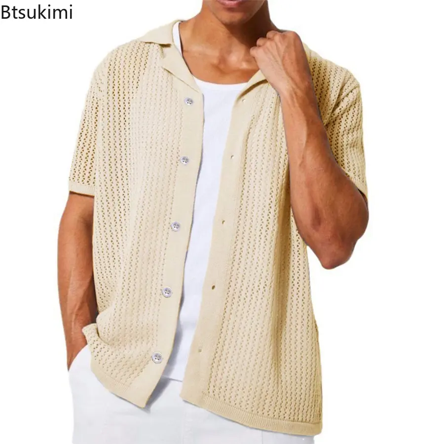 Summer Trend Streetwear Men's Casual Knitted Shirt Fashion Lapel Solid Vintage Cardigan New Men Hollow Out Loose Breathable Tops