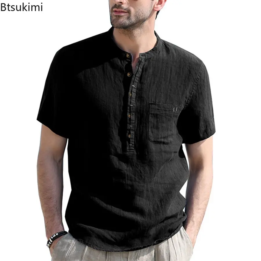 Summer Cotton Linen Casual Shirts for Men Fashion Solid Loose Stand Collar Short-sleeved Vintage Beach Blouse Henry Shirts Male