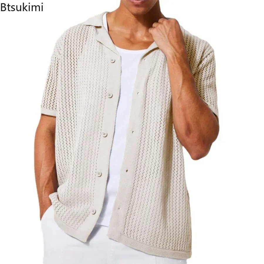 Summer Trend Streetwear Men's Casual Knitted Shirt Fashion Lapel Solid Vintage Cardigan New Men Hollow Out Loose Breathable Tops