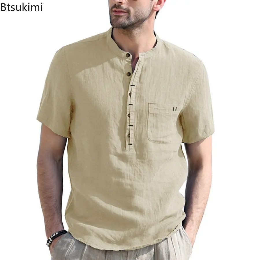 Summer Cotton Linen Casual Shirts for Men Fashion Solid Loose Stand Collar Short-sleeved Vintage Beach Blouse Henry Shirts Male