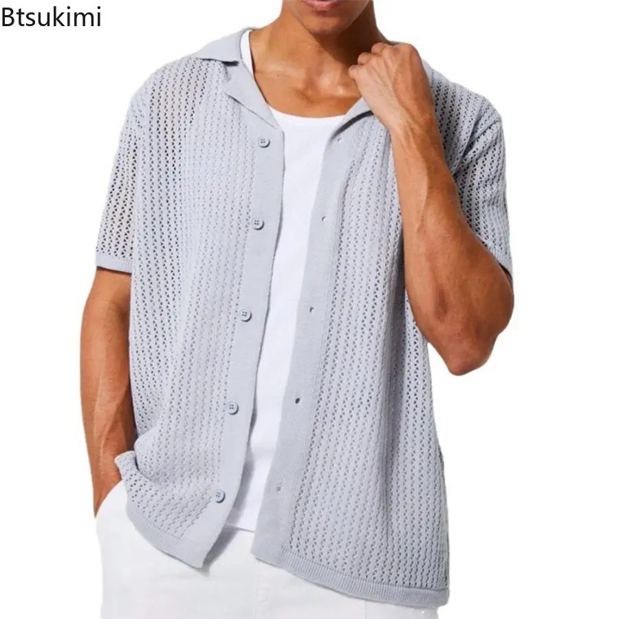 Summer Trend Streetwear Men's Casual Knitted Shirt Fashion Lapel Solid Vintage Cardigan New Men Hollow Out Loose Breathable Tops