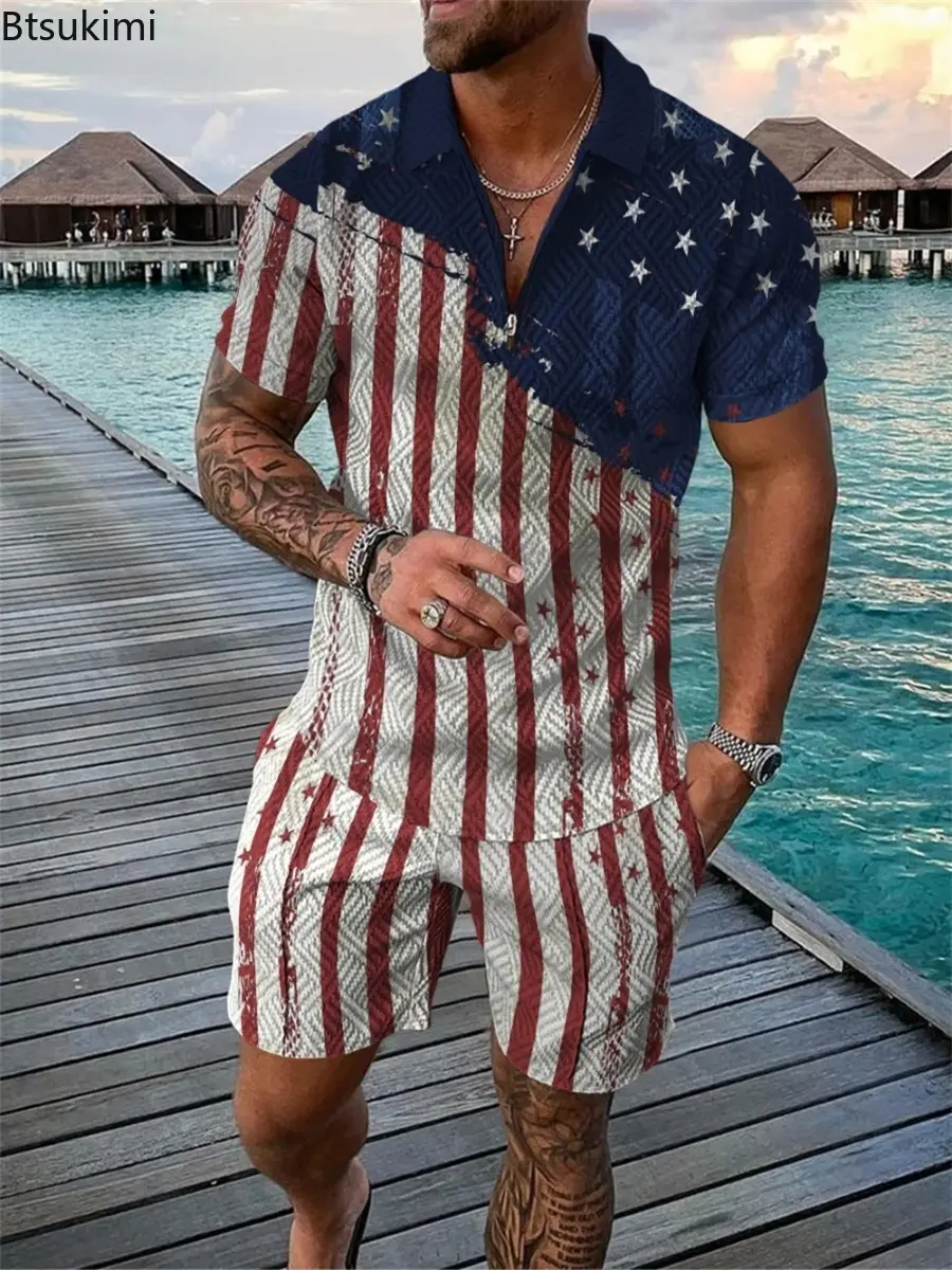 2025 Fashion Men's Clothing Holiday Casual 2PCS Sets Men Tracksuit Oversized Short-sleeved Polo Shirt and Shorts 3D Printed Suit