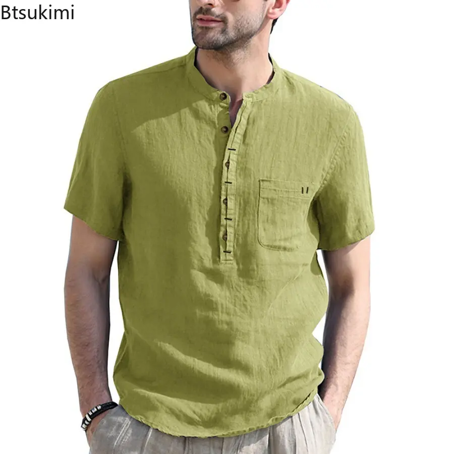 Summer Cotton Linen Casual Shirts for Men Fashion Solid Loose Stand Collar Short-sleeved Vintage Beach Blouse Henry Shirts Male