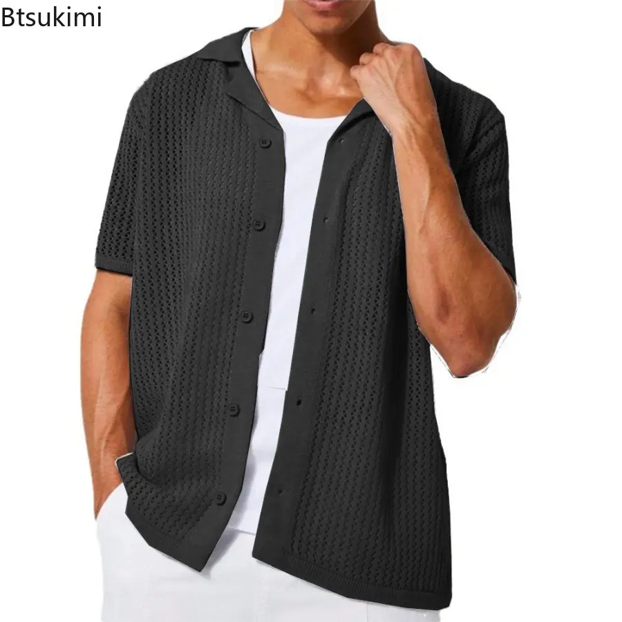 Summer Trend Streetwear Men's Casual Knitted Shirt Fashion Lapel Solid Vintage Cardigan New Men Hollow Out Loose Breathable Tops