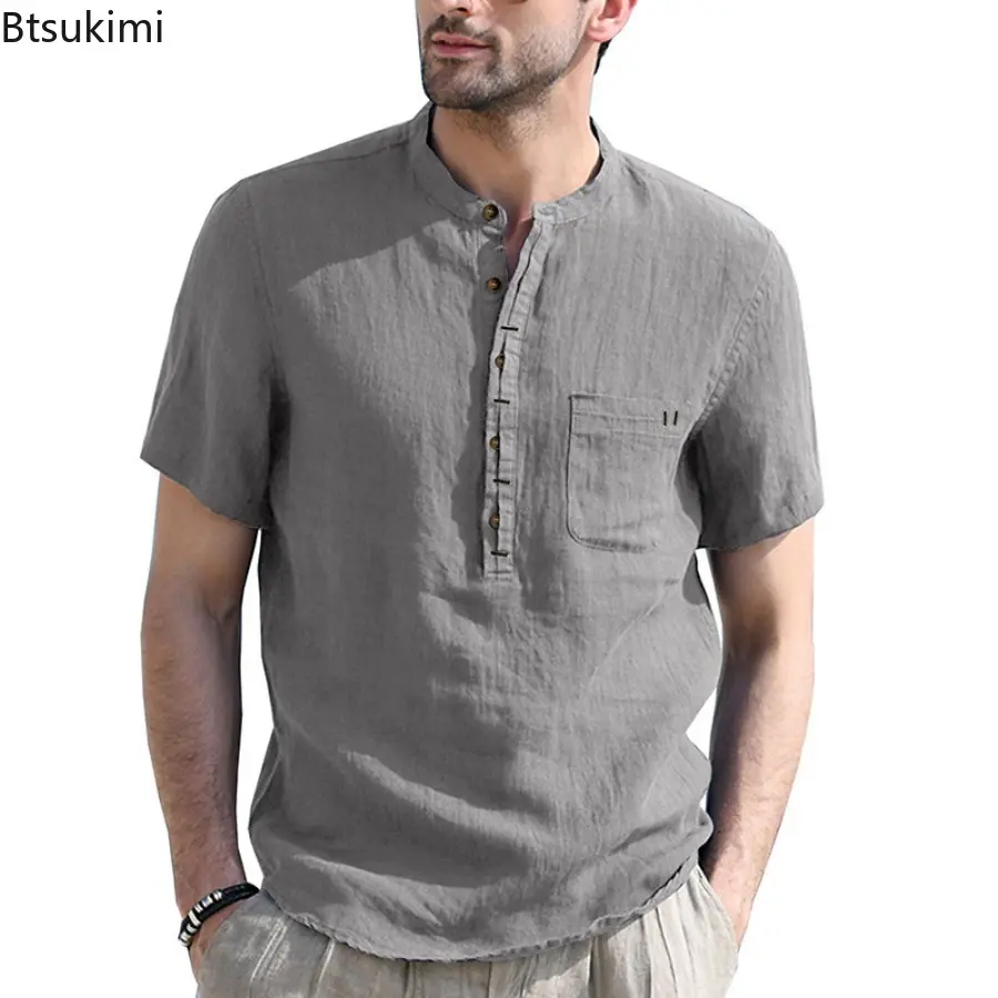 Summer Cotton Linen Casual Shirts for Men Fashion Solid Loose Stand Collar Short-sleeved Vintage Beach Blouse Henry Shirts Male