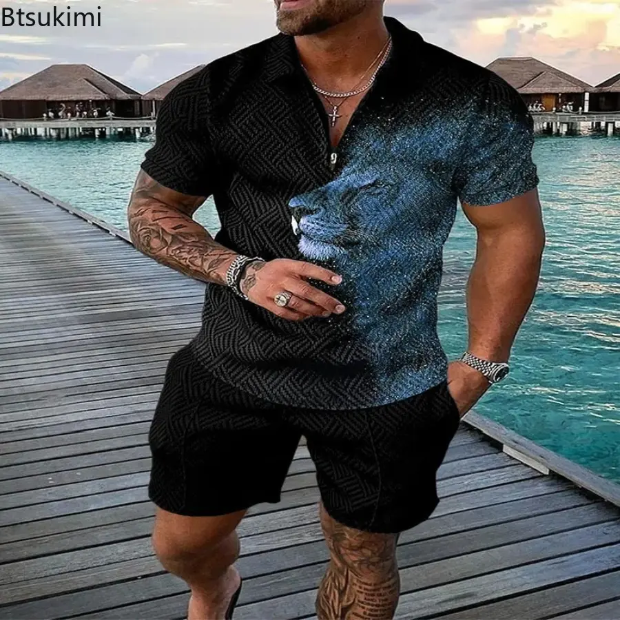 2025 Fashion Men's Clothing Holiday Casual 2PCS Sets Men Tracksuit Oversized Short-sleeved Polo Shirt and Shorts 3D Printed Suit