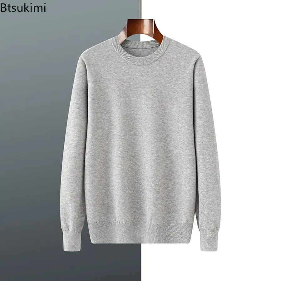 2025 Autumn Winter Men Round Neck Long Sleeve Sweater Solid Color Knitted Pullover  Basis Loose Casual Business Knitting Sweater
