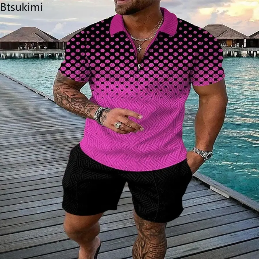 2025 Fashion Men's Clothing Holiday Casual 2PCS Sets Men Tracksuit Oversized Short-sleeved Polo Shirt and Shorts 3D Printed Suit