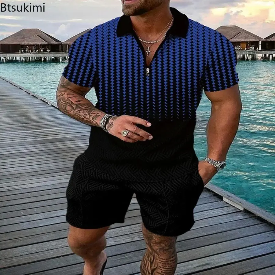2025 Fashion Men's Clothing Holiday Casual 2PCS Sets Men Tracksuit Oversized Short-sleeved Polo Shirt and Shorts 3D Printed Suit
