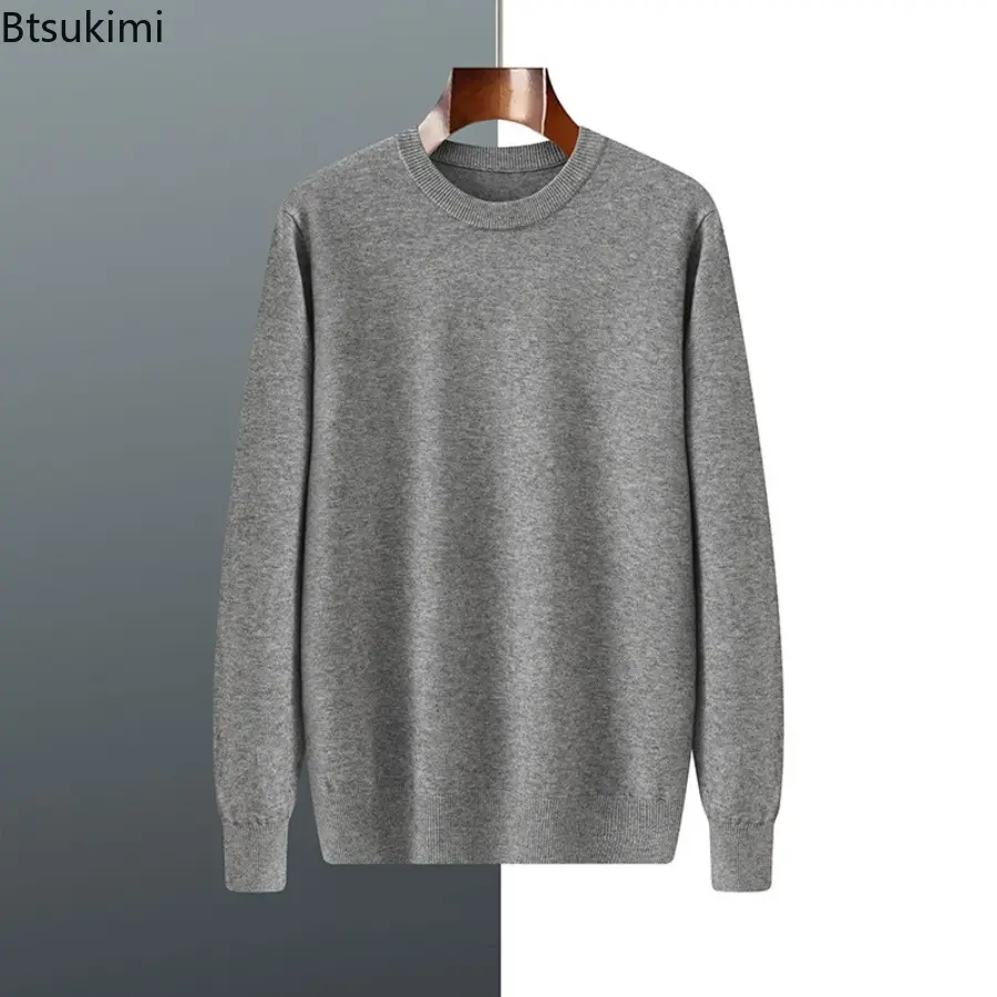 2025 Autumn Winter Men Round Neck Long Sleeve Sweater Solid Color Knitted Pullover  Basis Loose Casual Business Knitting Sweater
