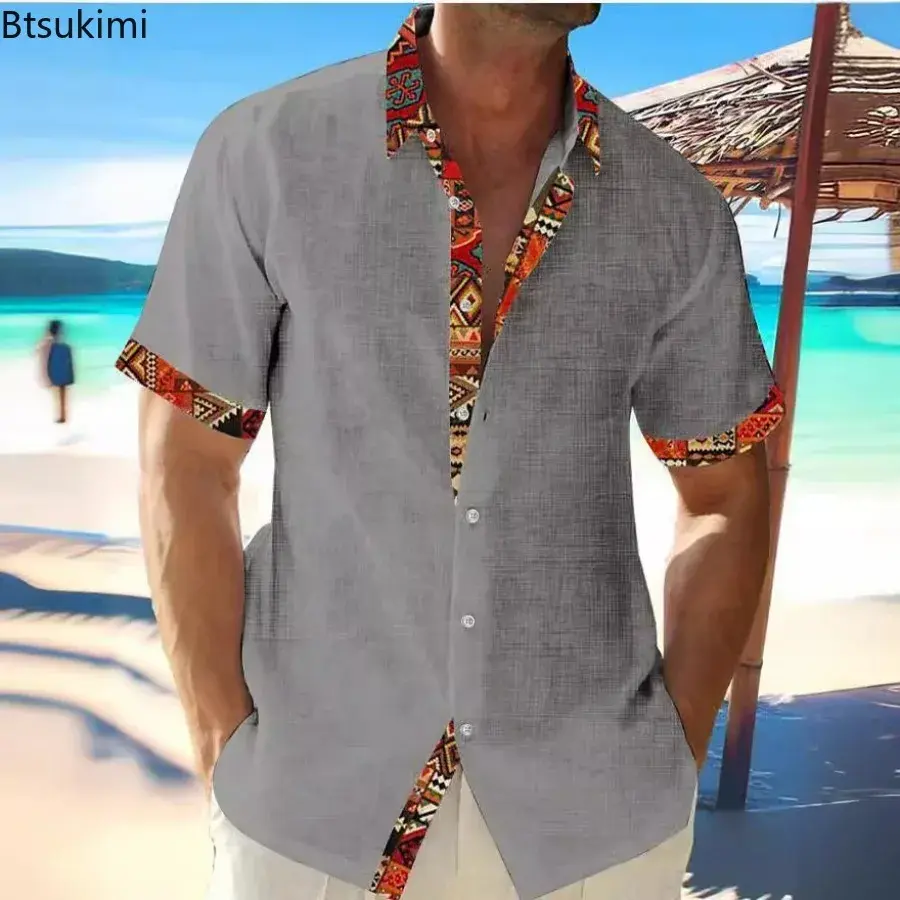 2025 Summer Men's Hawaiian Beach Vacation Shirt Fashion Patchwork Short-sleeved Button Lapel Cardigan Top Men Loose Casual Shirt