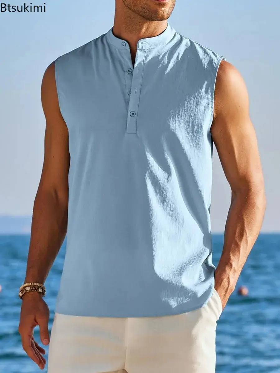 Summer Fashion Men's Sleeveless Stand Collar Shirts Solid Slim Fit Beach Vacation Tank Tops Men Trend Streetwear All Match Tops