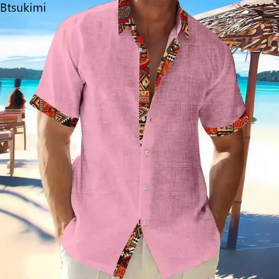 2025 Summer Men's Hawaiian Beach Vacation Shirt Fashion Patchwork Short-sleeved Button Lapel Cardigan Top Men Loose Casual Shirt