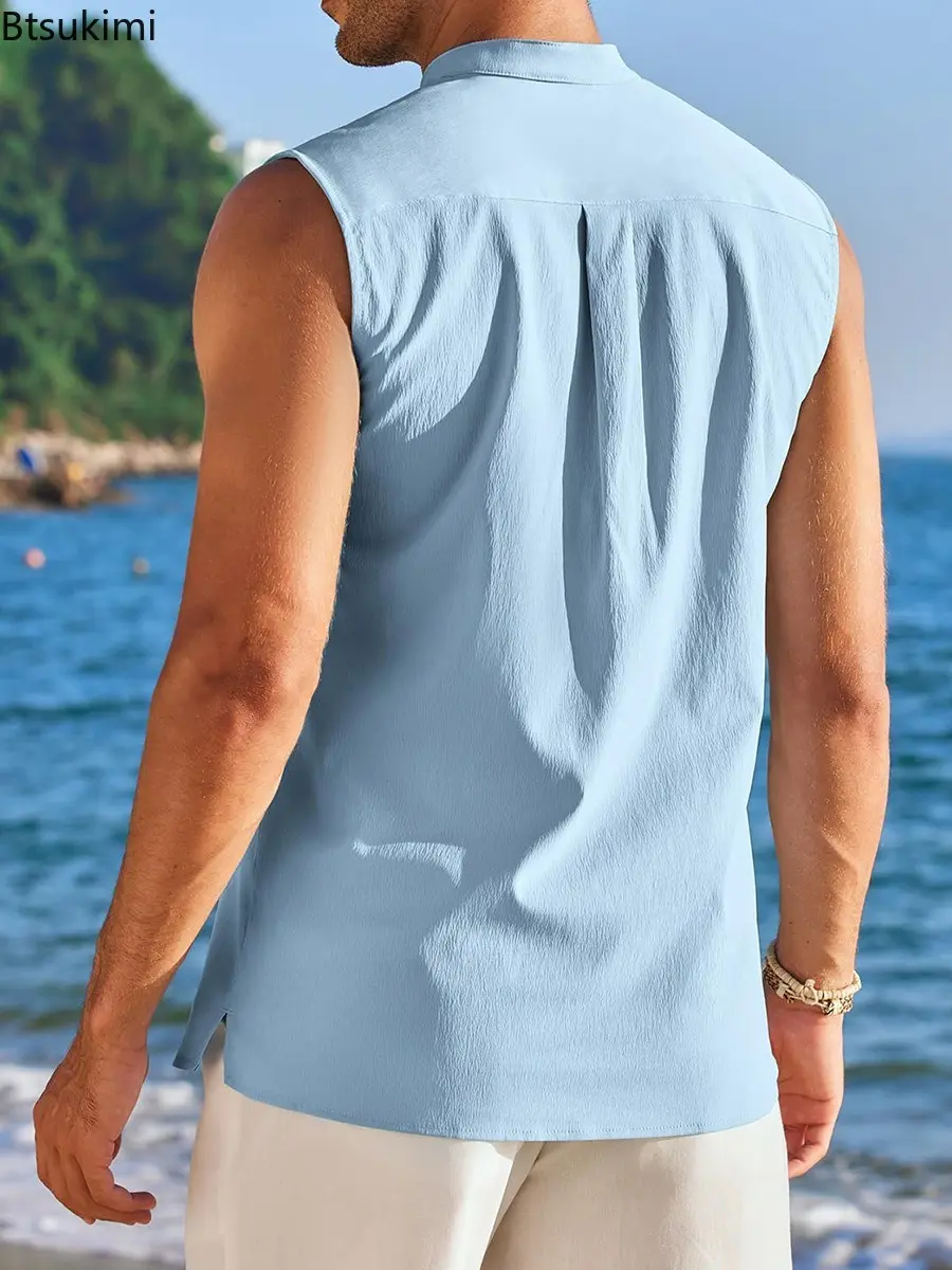 Summer Fashion Men's Sleeveless Stand Collar Shirts Solid Slim Fit Beach Vacation Tank Tops Men Trend Streetwear All Match Tops