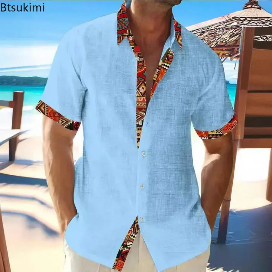 2025 Summer Men's Hawaiian Beach Vacation Shirt Fashion Patchwork Short-sleeved Button Lapel Cardigan Top Men Loose Casual Shirt