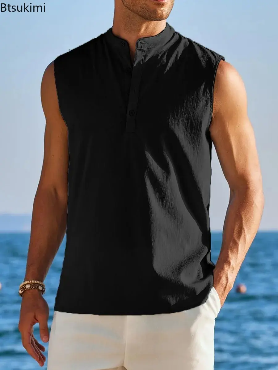 Summer Fashion Men's Sleeveless Stand Collar Shirts Solid Slim Fit Beach Vacation Tank Tops Men Trend Streetwear All Match Tops