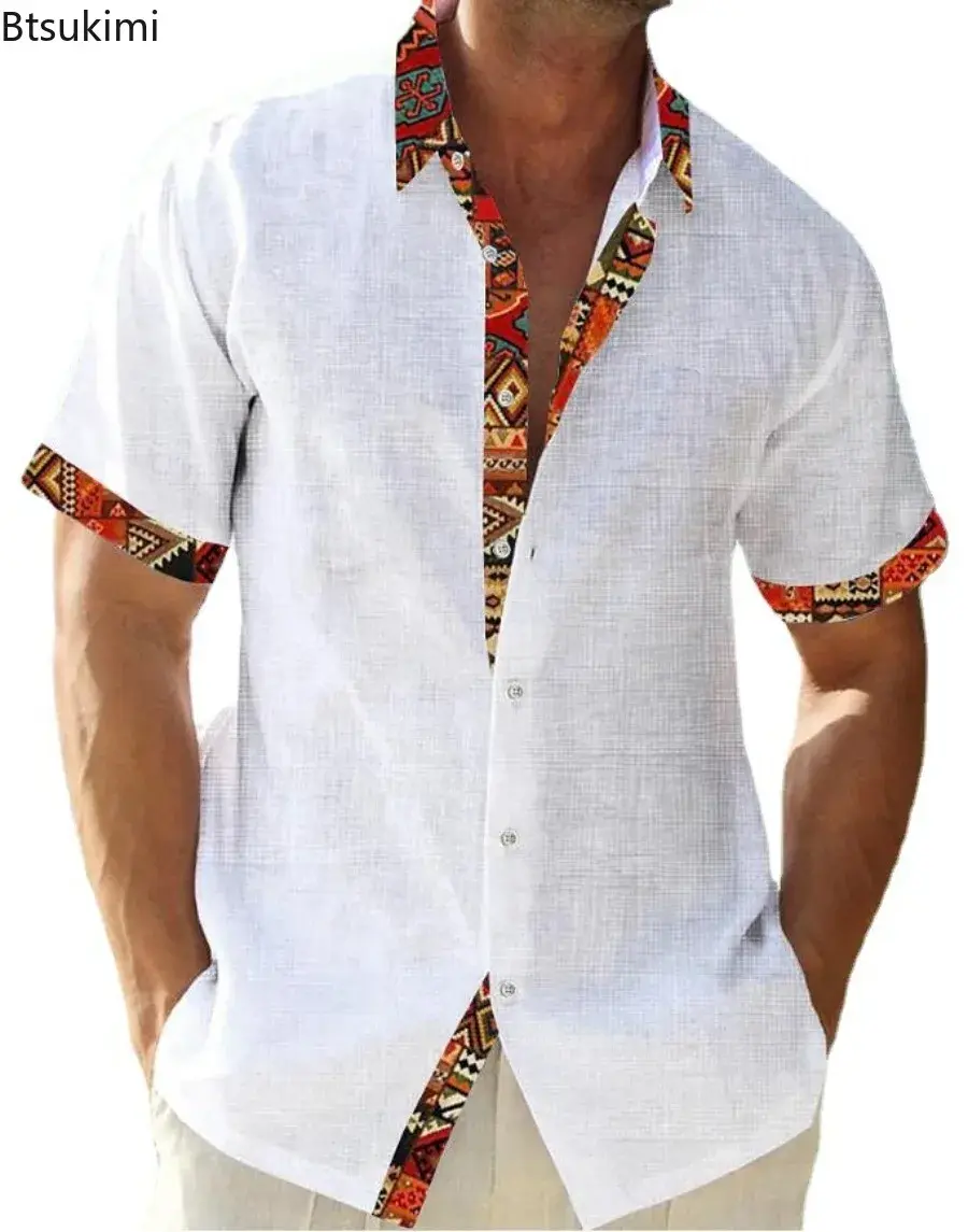 2025 Summer Men's Hawaiian Beach Vacation Shirt Fashion Patchwork Short-sleeved Button Lapel Cardigan Top Men Loose Casual Shirt
