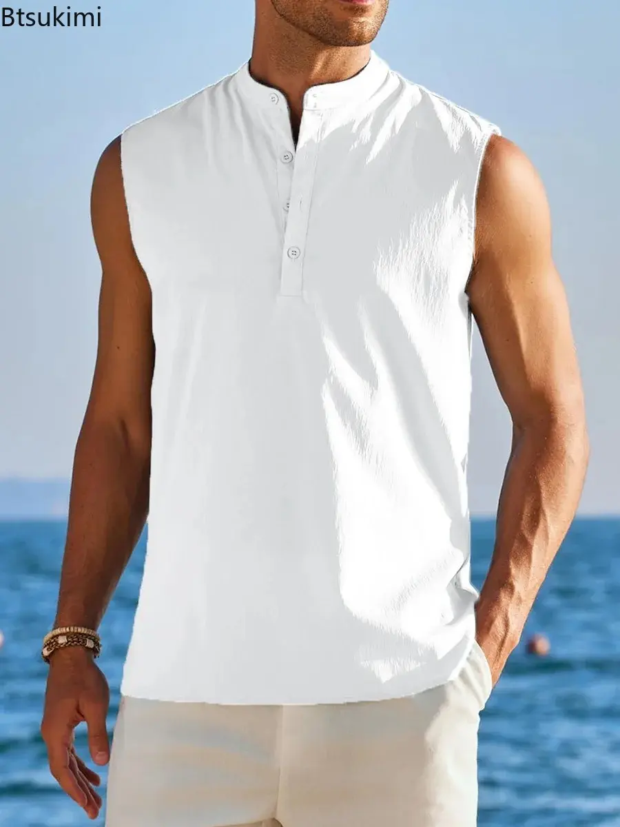 Summer Fashion Men's Sleeveless Stand Collar Shirts Solid Slim Fit Beach Vacation Tank Tops Men Trend Streetwear All Match Tops