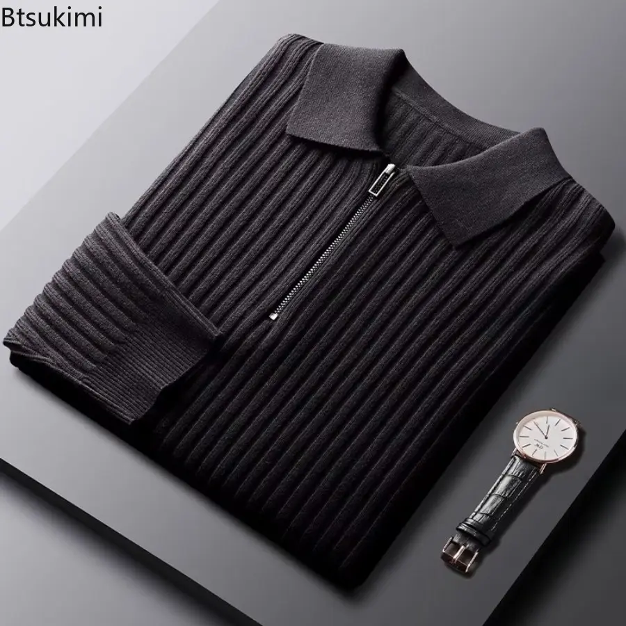 2025 New Men's Autumn/Winter Sweaters Retro Lapel Knitted Pullovers Solid Color Half Zipper Warm Long Sleeve Knitted Sweater