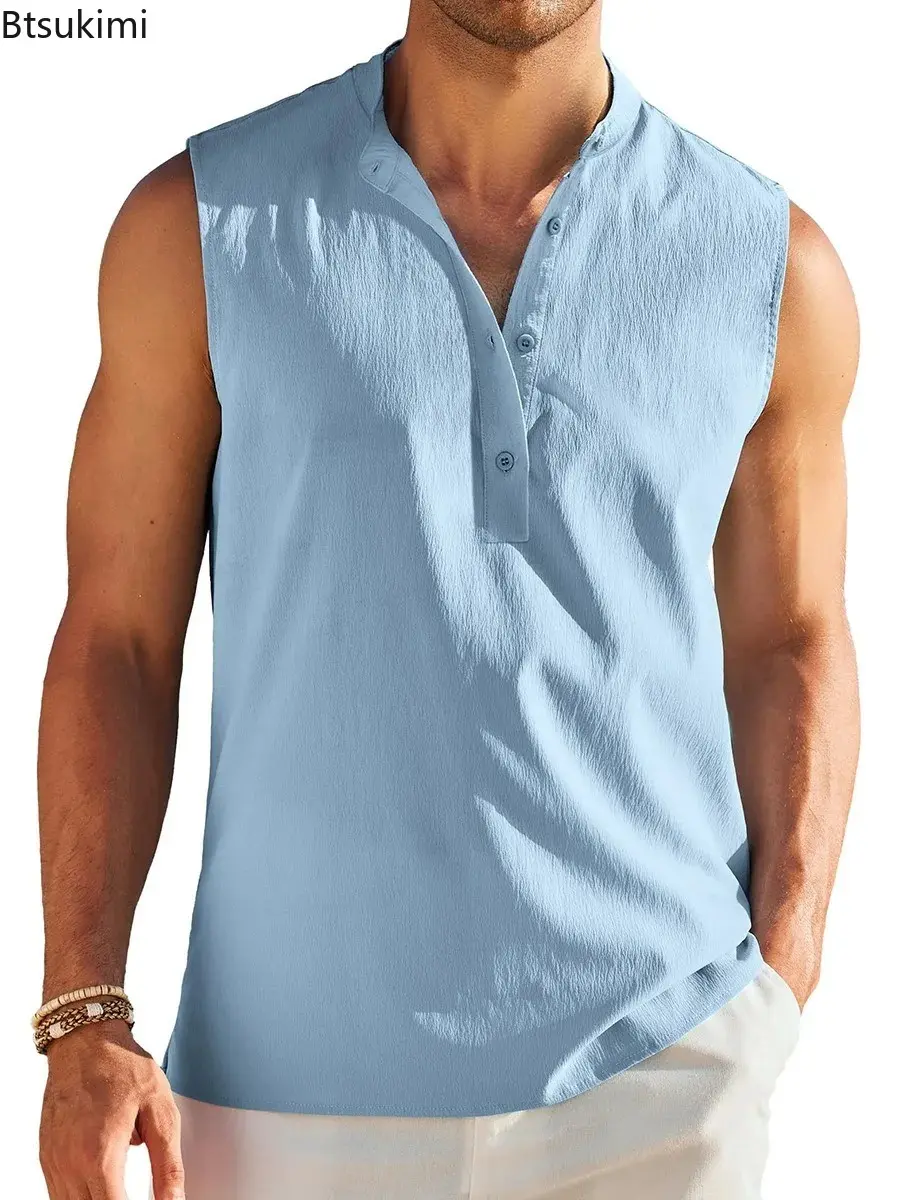 Summer Fashion Men's Sleeveless Stand Collar Shirts Solid Slim Fit Beach Vacation Tank Tops Men Trend Streetwear All Match Tops