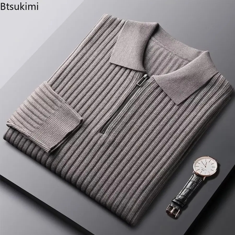 2025 New Men's Autumn/Winter Sweaters Retro Lapel Knitted Pullovers Solid Color Half Zipper Warm Long Sleeve Knitted Sweater