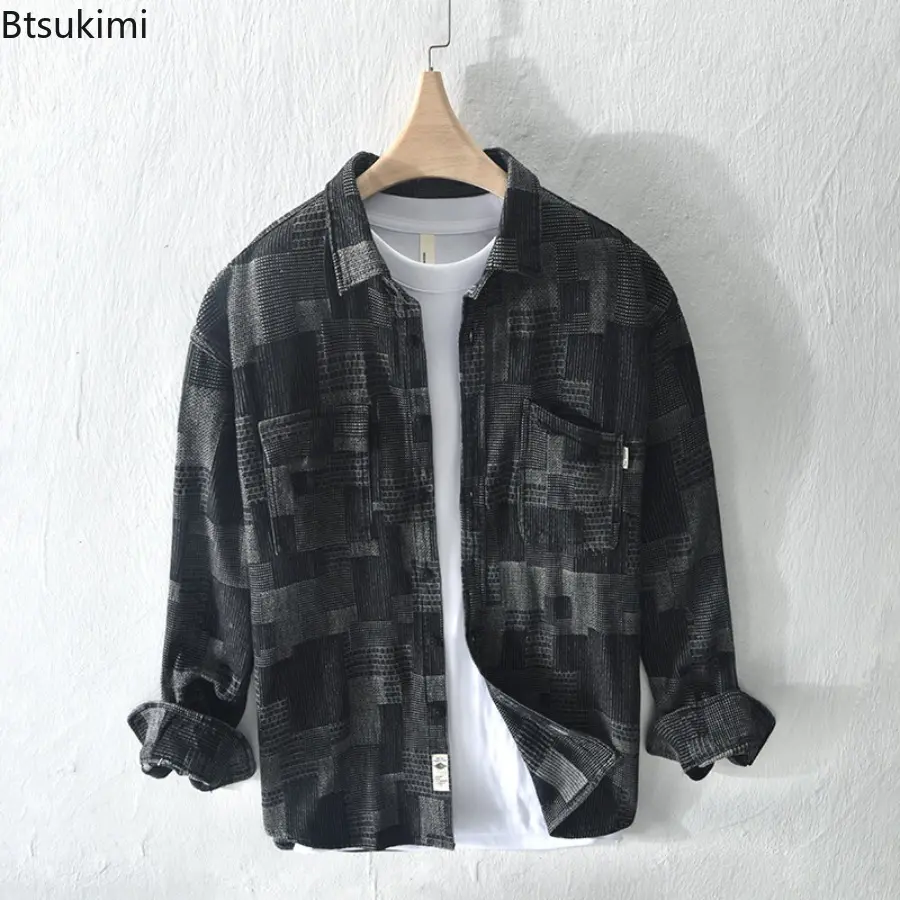 New 2025 Spring Long Sleeve Denim Shirts Men's Streetwear Loose Jean Shirt Jacquard Contrast Color Plaid Casual Cargo Shirts