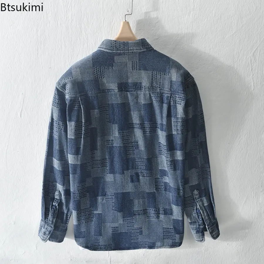 New 2025 Spring Long Sleeve Denim Shirts Men's Streetwear Loose Jean Shirt Jacquard Contrast Color Plaid Casual Cargo Shirts