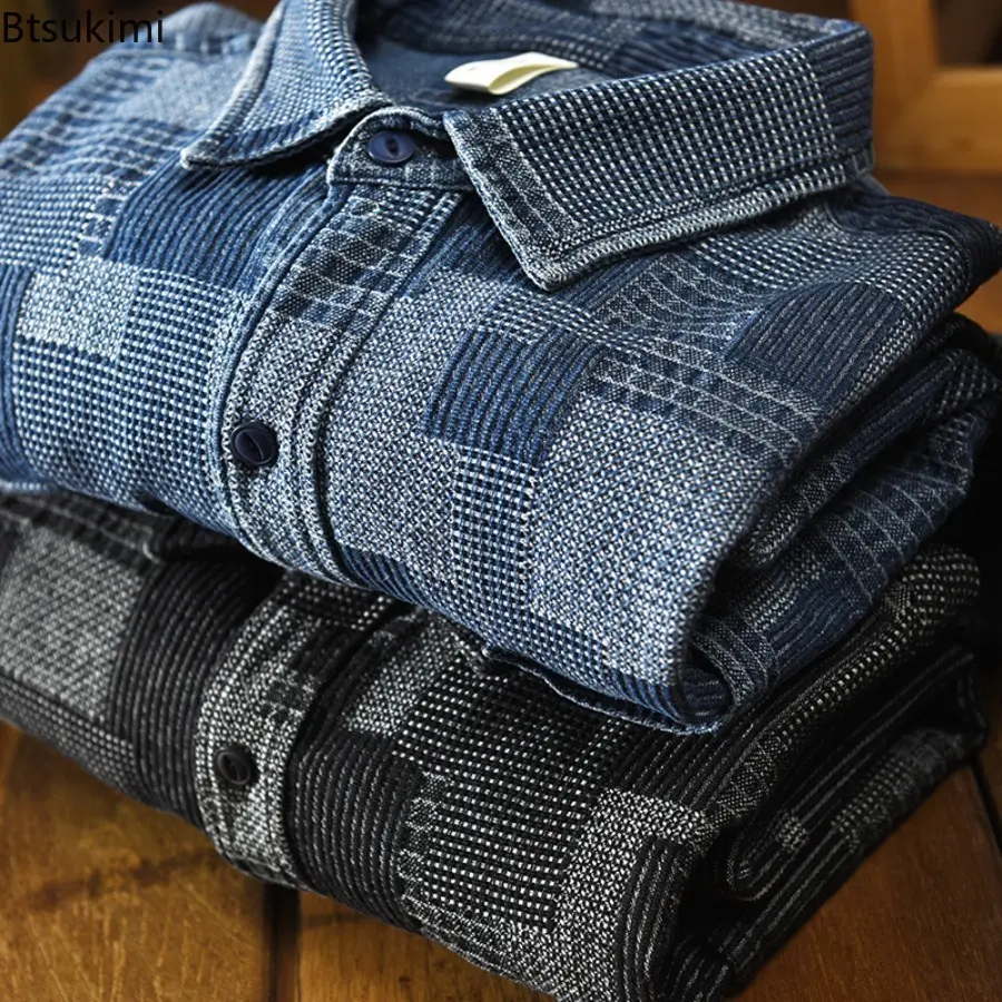 New 2025 Spring Long Sleeve Denim Shirts Men's Streetwear Loose Jean Shirt Jacquard Contrast Color Plaid Casual Cargo Shirts