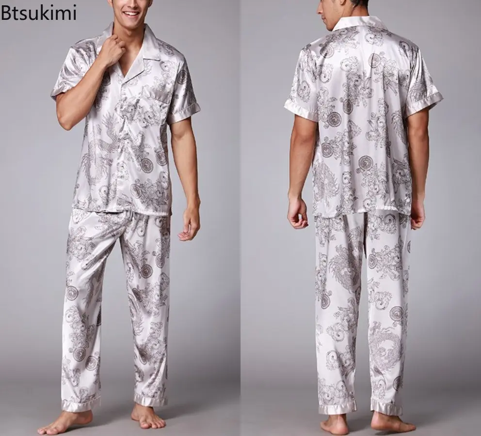 2025 Spring Summer Loungewear Short Sleeves Long Pants Pajama Set Men Printed Satin Silk Pyjamas Male Pajamas Household Clothes