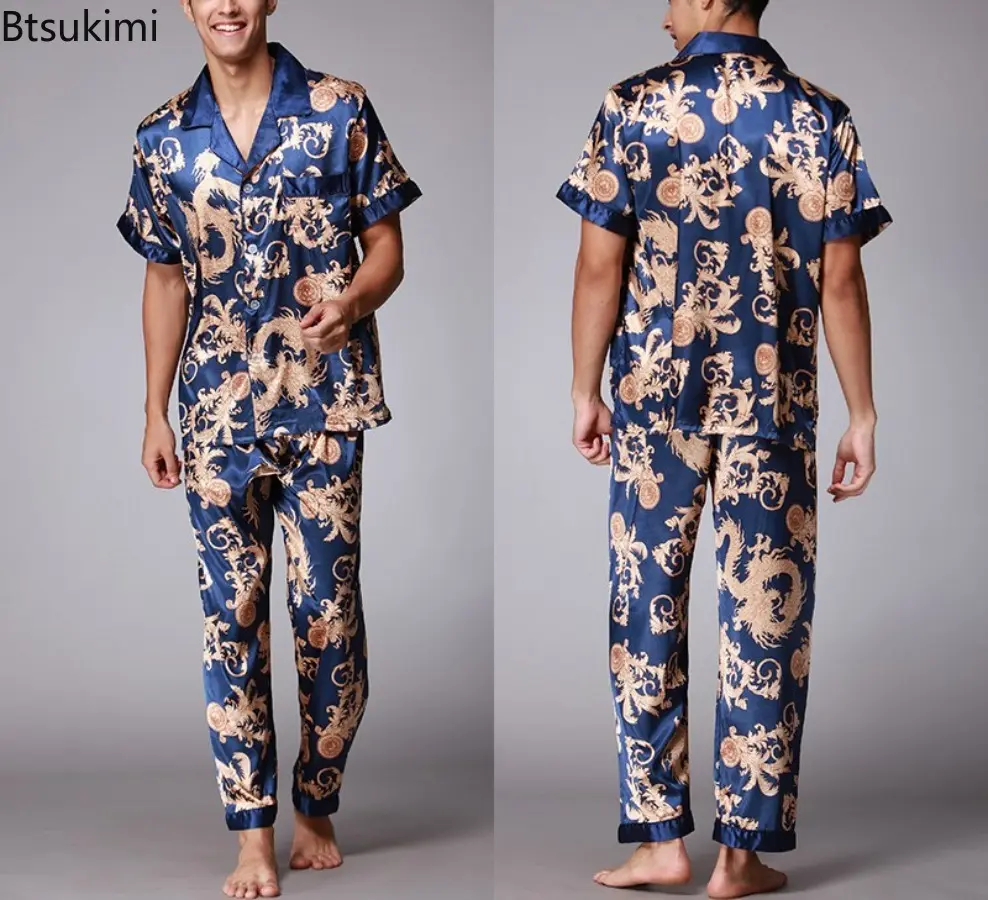 2025 Spring Summer Loungewear Short Sleeves Long Pants Pajama Set Men Printed Satin Silk Pyjamas Male Pajamas Household Clothes
