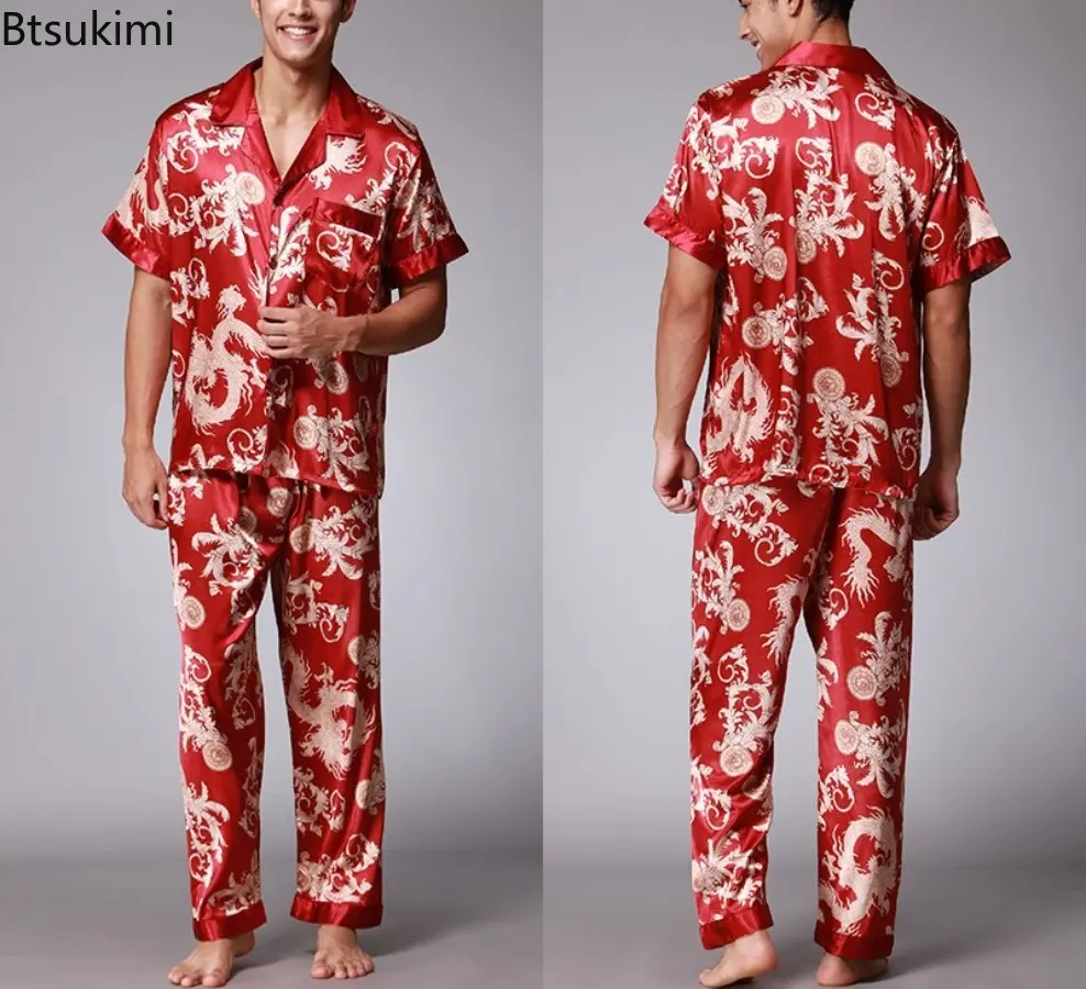 2025 Spring Summer Loungewear Short Sleeves Long Pants Pajama Set Men Printed Satin Silk Pyjamas Male Pajamas Household Clothes